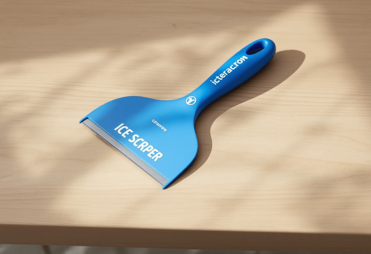 Grattoir bleu logoté sur table en bois clair, lumière naturelle