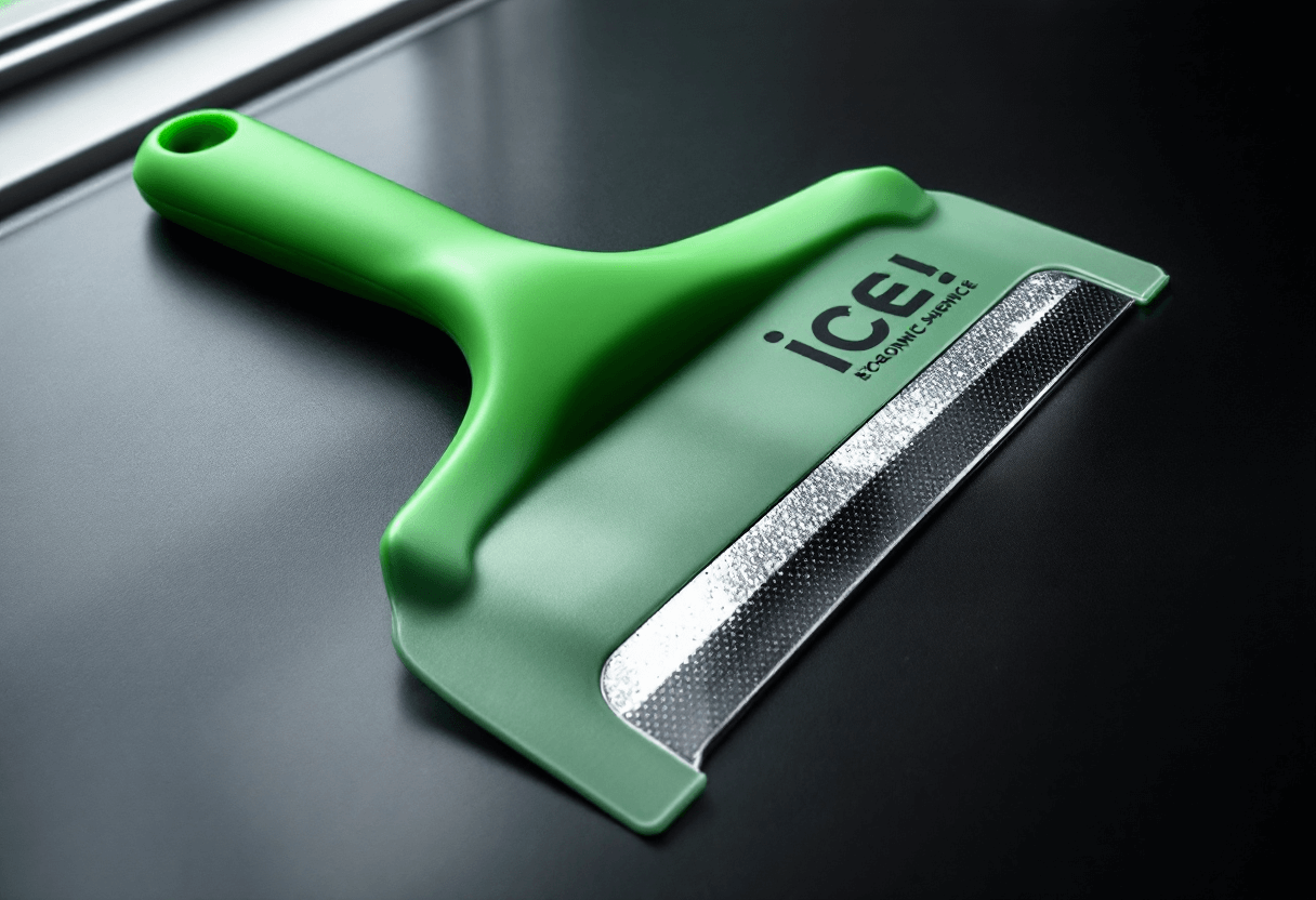 Grattoir vert ergonomique sur bureau noir, lumière latérale douce